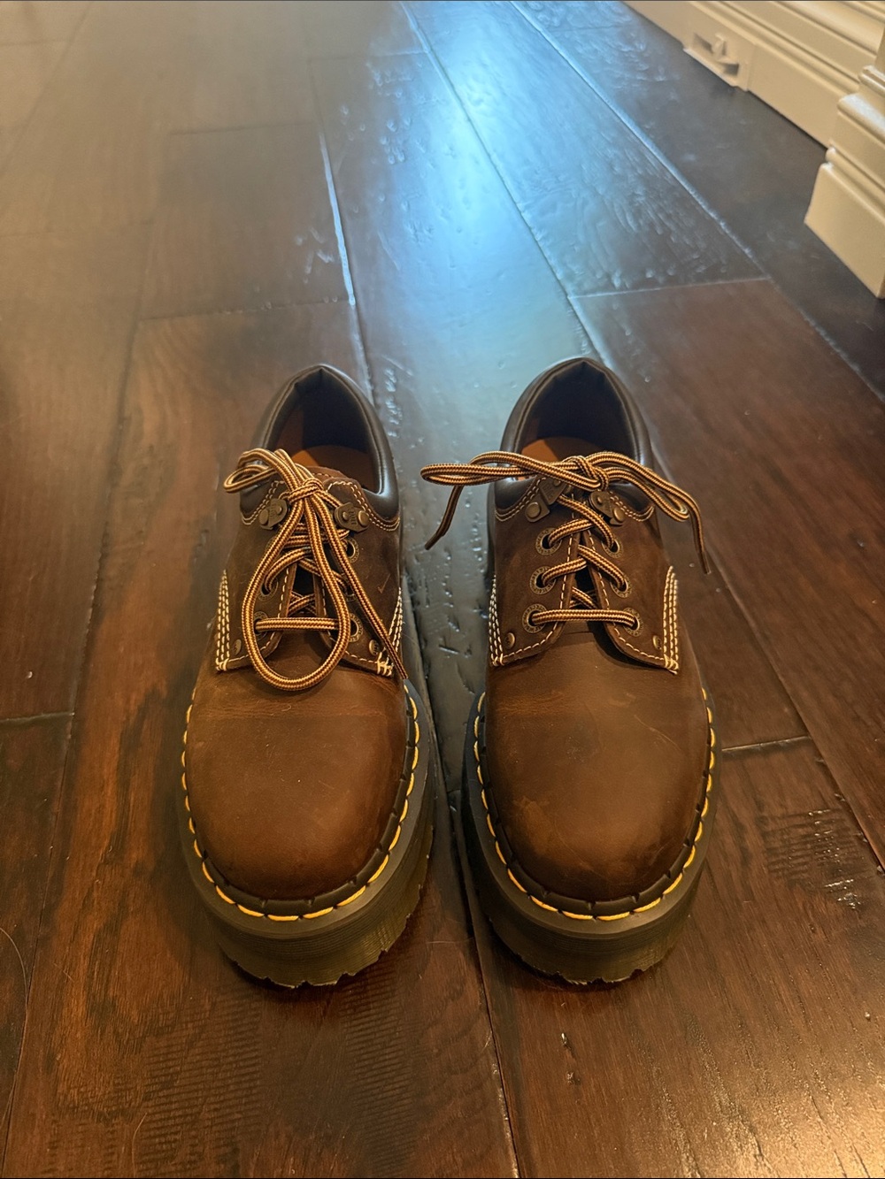 Dr. Martens Brown Leather Platform Lace-Up Shoes with Yellow Stitching